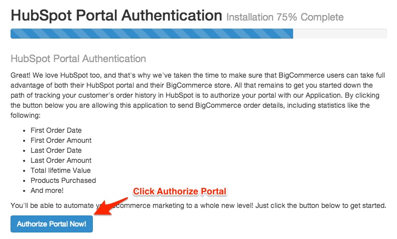 Click authorize HubSpot Portal for the HubSpot Order Tracker