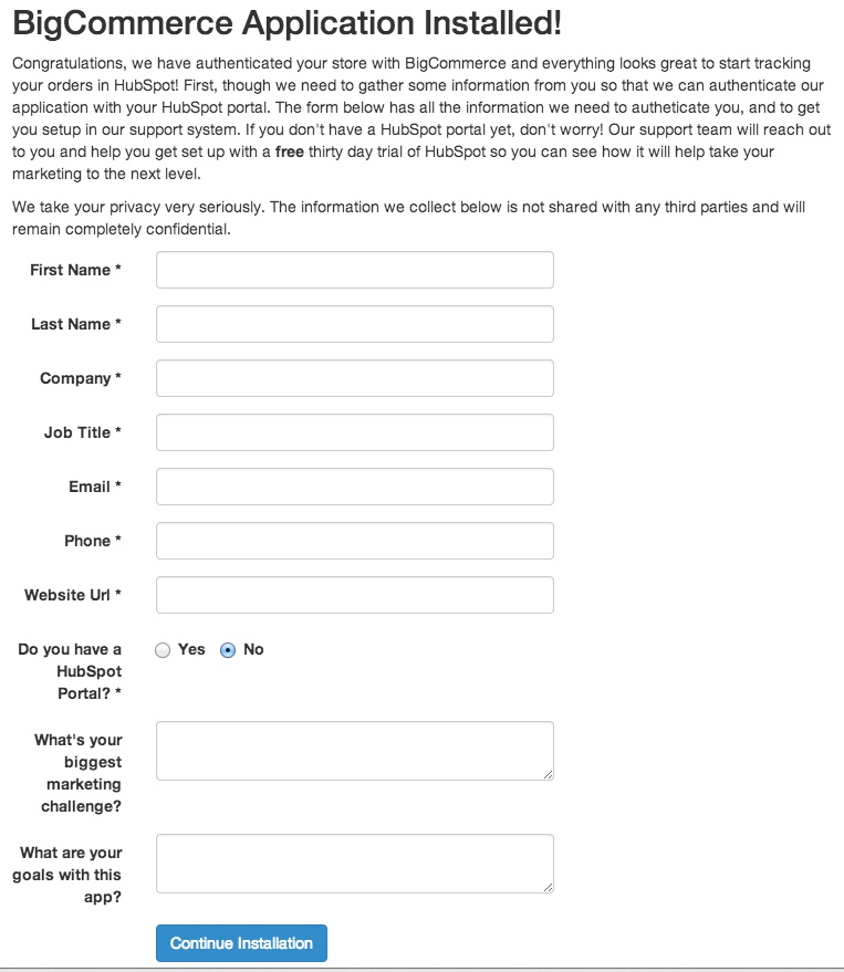 fill out HubSpot Order Tracking installation form