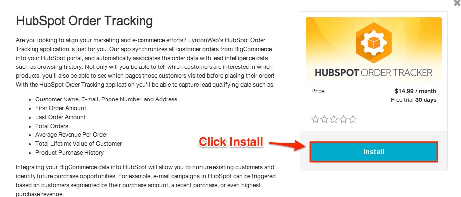 click install on the HubSpot order tracking screen